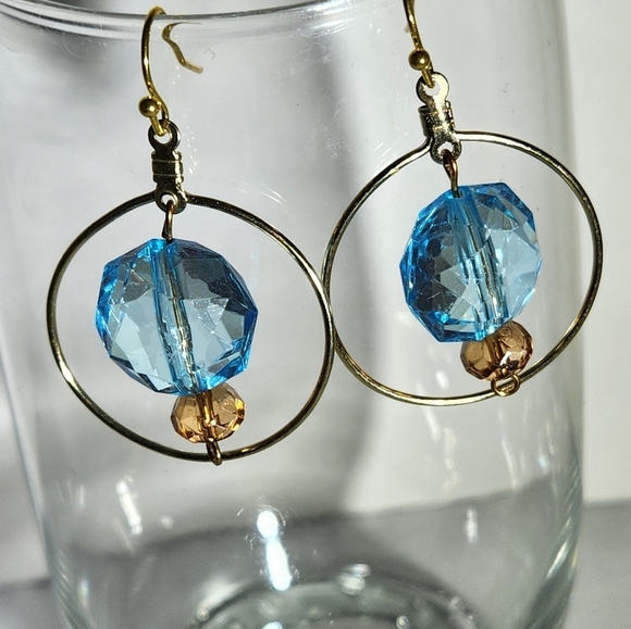 Hand Crafted Earrings Pierced Crystal Beads Turquoise Amber Goldtone - Picture 2 of 5